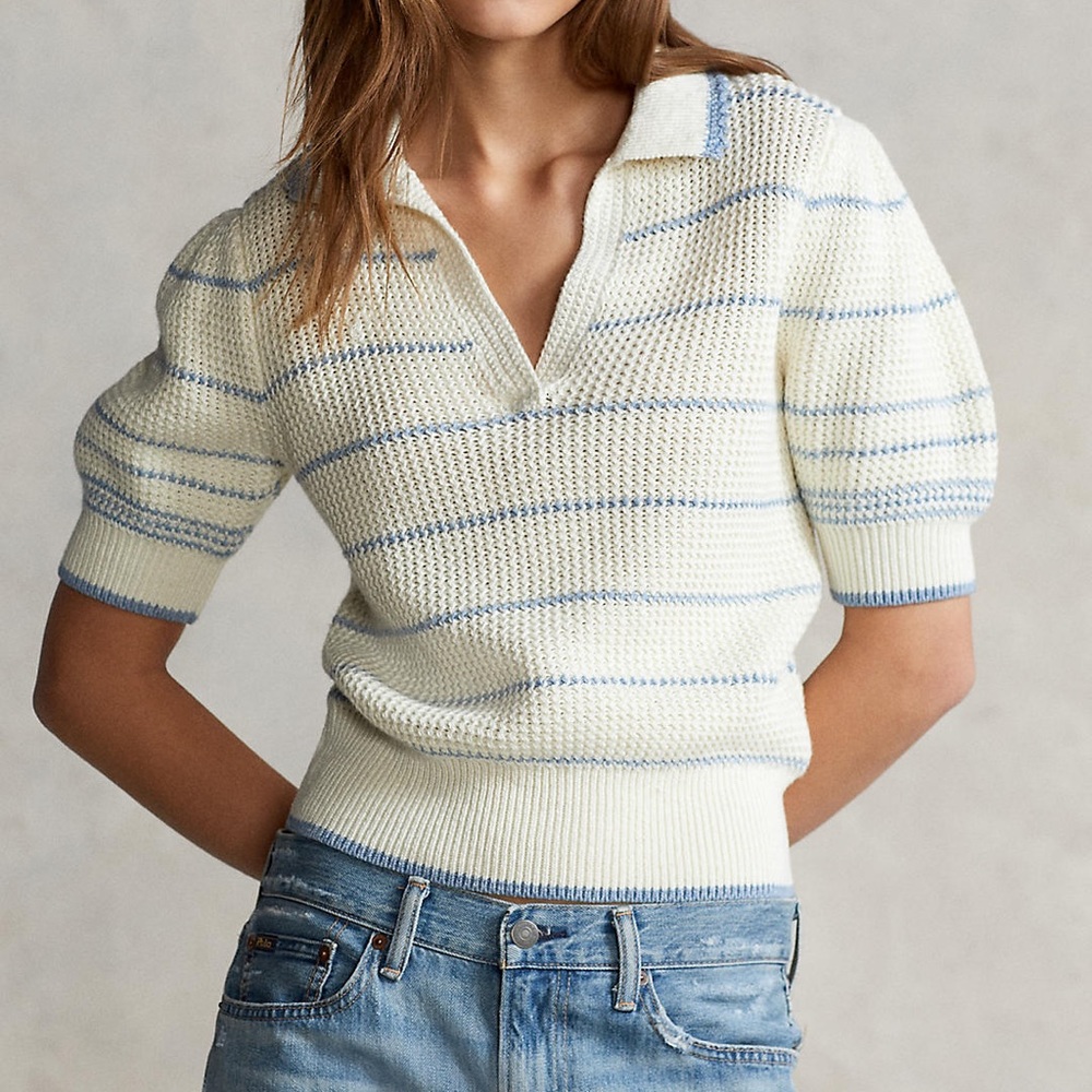 RALPH LAUREN-Striped Cotton Linen Polo sweater